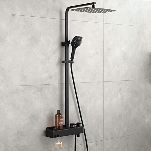 JESMVLPUTD Conjunto Mezclador de Ducha Negro, Sistema de Ducha, Cabezal de Ducha de Lluvia Grande con Ducha de Mano, caño de bañera, Grifo de Ducha de baño de Pared, Altura Ajustable