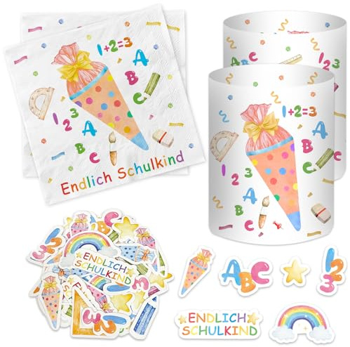 20 Stück Servietten Einschulung + 12 Windlicht + 50 Konfetti Streudeko Tischdeko, Endlich Schulkind 2026 Deko, Schulanfang Deko Junge Mädchen, Schuleinführung Geschenk, Einschulungsdeko mit Schultüte