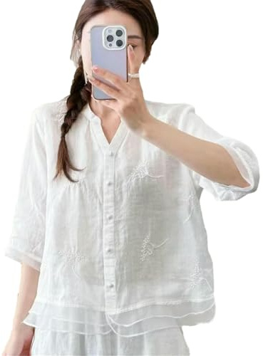JOHAFXC Blusa de algodón para mujer, fina, vintage, con botones, color liso, bordada, empalme, blanco, M