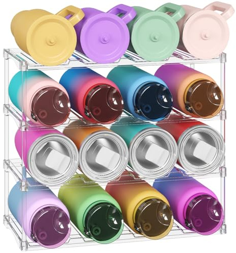 Lifewit Stackable Bottle Storage Organizer, Clear Freestanding Wine Holder for Cabinet, Large Slot Water Bottle Tumbler Organizer for Pantry, Plastic Wine Rack for Fridge Cellar, 4Tier Hold 16