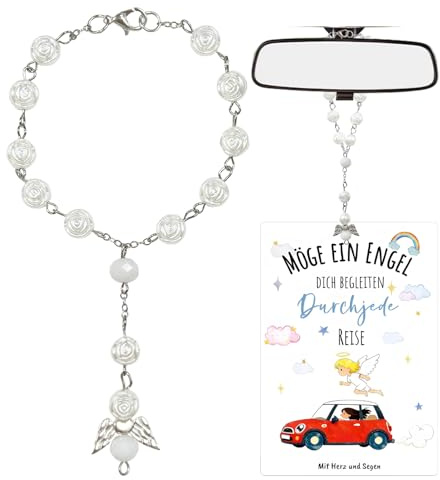 CAIJ Schutzengel Auto Anhänger für Spiegel – Rosenkranz Auto Glücksbringer, Auto Deko Innenraum & Auto Zubehör Frauen, Rückspiegel Anhänger, Schutzengel Geschenk für Führerschein & Neuer Wagen