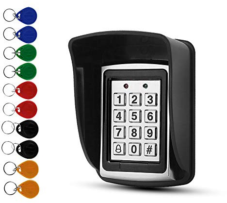 Access Control Keypad, Metal Zinc Alloy, 125kHz ID Reader, 1000 Users, Pin & Card, Weatherproof Rain Cover, 10 ID Key Fobs, Door Bell, Anti-Tamper for Home Office Garage Outdoor Use