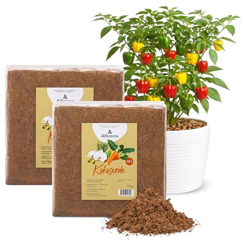 Allkokos Kokoserde für Pflanzen - 2x5kg Block quillt zu ca. 2x70L Pflanzenerde – torffreies Kokossubstrat für Kräuter, Gemüse & Blumen - 100% natürliche Kokosfaser Erde mit pH 5,5–6,5 (2x5kg)