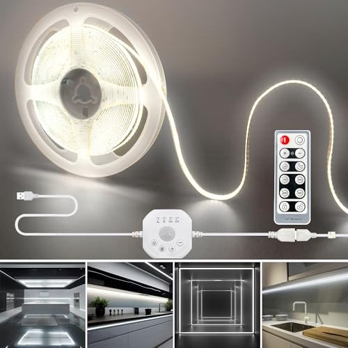 Clearhill 5 V USB COB LED-remsa lampa med rörelsesensor och fjärrkontroll, 2 m (6,56 fot), kall vit 6 500 K, 8 mm bredd, dag eller natt 2 belysningslägen, tidsfördröjning och ljusstyrka justerbar, för