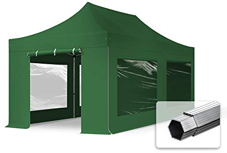 TOOLPORT 3x6m Gazebo Pieghevole PES 800 con Laterali (finestre panoramiche), Professional 40mm Alluminio, Verde Scuro