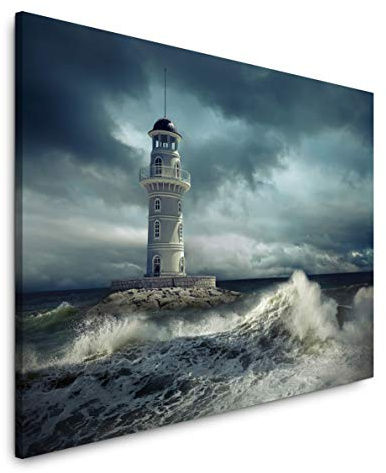 Paul Sinus Art Leuchtturm im Meer 120x 80cm Inspirierende Fotokunst in Museums-Qualität für Ihr Zuhause als Wandbild auf Leinwand in