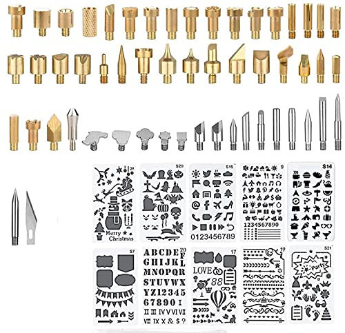 kingsea 64 pcs Wood Burning Tips Set and Stencils,Pyrography Wood Burning Alphabet Numbers Symbols Stamps Set - Include 53 Assorted Wood Burning/Carving/Embossing & Soldering Tips and 12 Stencils