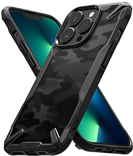 Ringke Fusion-X Case Kompatibel mit iPhone 13 Pro Max Hülle, Verbesserte Griffigkeit Handyhülle, Handschlaufe Loch mit Fingerabdruckfest 3D Militär Muster - Camo Schwarz
