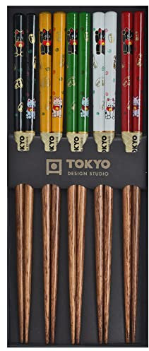TOKYO Design Essstäbchen Edelholz 5er Set Lucky Cat, Japanisches Design Sushi Stäbchen, Chinesisch, Japanisch, Koreanisch, Wiederverwendbare Holz Essstäbchen