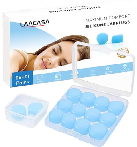 LAACASA Ear Plugs for Sleeping 7 Reusable Silicone Pairs Noise Cancelling Waterproof Moldable Soft Earplugs for Sleep Travel Study Swimming with Travel Case