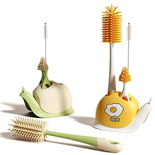 Bebamour Silikon-Baby-Flaschenbürsten für die Flaschenreinigung Schnuller Reinigungsbürste mit Aufbewahrungsständer Kratzfeste Reinigungsbürsten für Strohhalme(Green Snail)