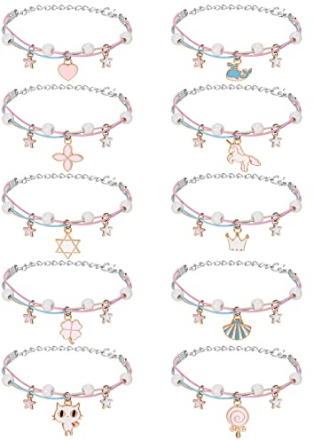 Pinenuts 10-Piece Friendship Bracelets for Girls, Adjustable Kids Unicorn Braided Bracelets, Colorful Ceramic Beads