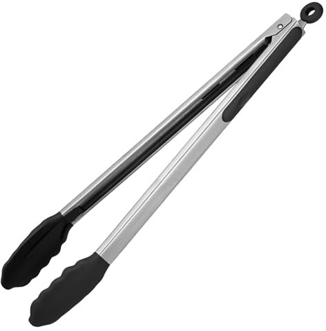 U-Taste 41 cm Pinza da cucina in silicone resistente al calore 315℃ con punte in gomma antiaderente ben sigillate e manico in acciaio rivestito in silicone e bloccaggio liscio (Nero)