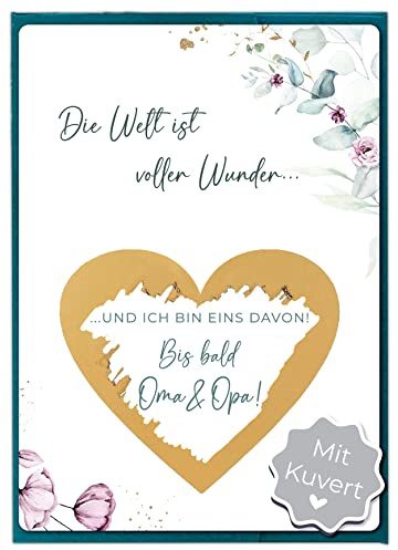 Joli Coon Rubbelkarte Ihr werdet Großeltern, mit Kuvert, mit Rubbelkarten | 350g Designerpapier, fühlbare UV-Lack-Veredelung, grünes Steckkuvert mit goldenem Herz, Premium-Papeterie