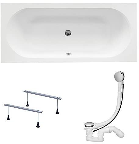 KOLMAN Badewanne VITAE SLIM Rechteck 170x75 ohne Verkleidung, Ablaufgarnitur und Füßen Komplettset 3in1 Premium Original Acryl Wanne Siphon