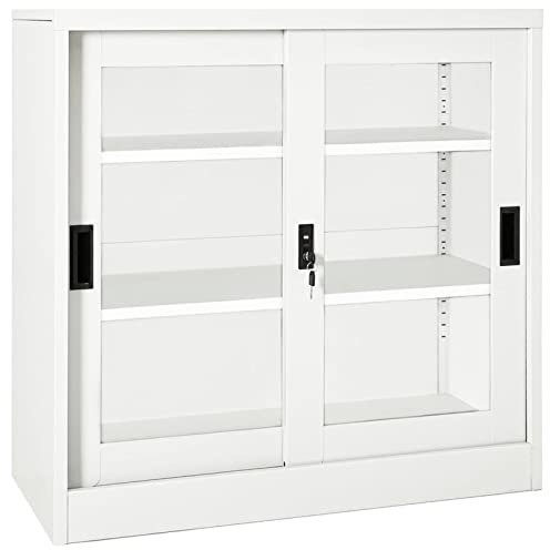 Festnight Armoire de Bureau Porte coulissante,Armoire a coulissante métallique,Armoire de Bureau verrouillable,Armoire à Rideaux,Armoire de Bureau Metallique 90x40x90 cm-2-Blanc