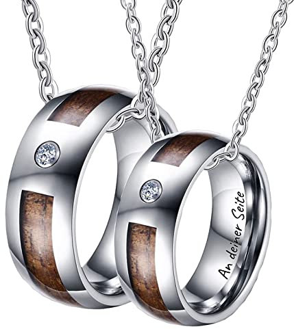 KnSam Wolfram Partner Kette Gravur EIN Leben lang an deiner Seite, 2er Anhänger Ring 8MM Holz Partner Ketten Set Silber mit Zirkonia, Gr.54 & Gr.62, Länge 60cm/ 50cm