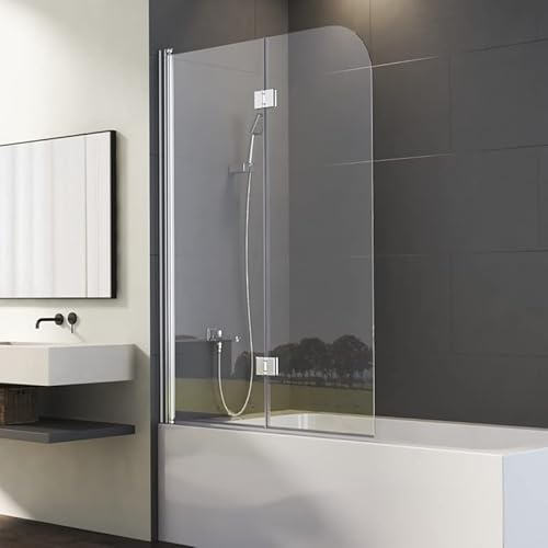 Duschwand für Badewanne 110x140cm Silber 2-teilig Faltbar Duschtrennwand, Doppel Falttür Badewannenwand Duschabtrennung, Badewannenaufsatz Trennwand mit 6mm Nano EGS Glas, Badewannenfaltwand Faltwand