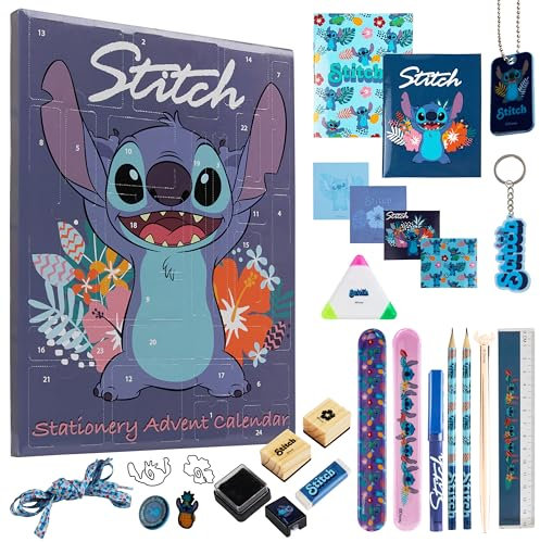 Disney Stitch Advent Calendar 2025 Stationery and Accessories Christmas Countdown Calendar with Necklace Keyring Pen Snap Bracelets Stamps (Blue Stitch Stationery)