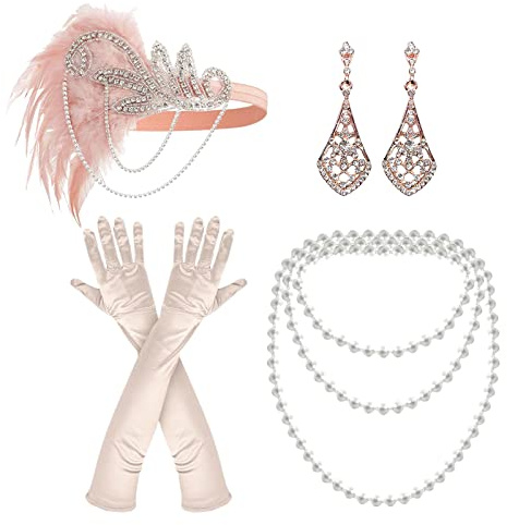 NITAIUN 4 Teiliges 20er Jahre Accessoires, Charleston Kostüm 1920 Zubehör-Set, 1920s Flapper Great Gatsby Accessoires,Stirnband Handschuhen Halskette Ohrringen, Roaring 20's Theme Party