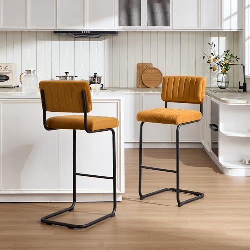 Flouki 30 Inch Fabric Bar Stools Set of 2, Cantilever Counter Height Barstools, Upholstered Mid-Century Modern Counter Chairs with Metal Base for Kitchen Island, Orange Velvet