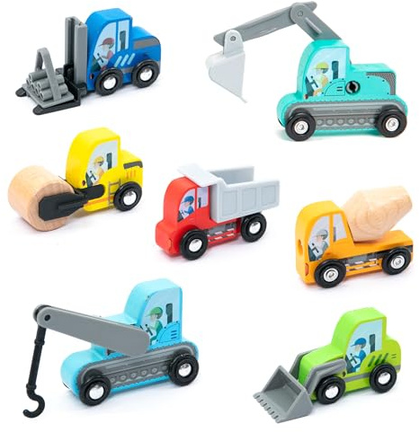 umu® Träbyggfordon lekset för barn kompatibel med Brio World järnvägsset och andra märken, leksaker innehåller grävmaskiner, kran, rulle och mycket mer. Set om 8 st för barn från 3, 4, 5 år
