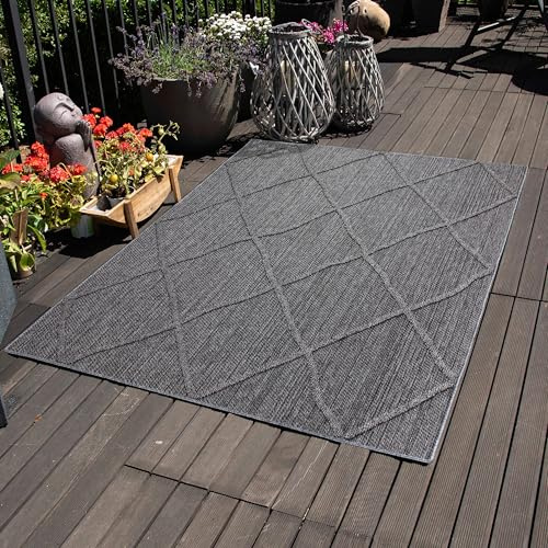 Carpettex Outdoor Teppich Wetterfest 120 x 170 cm Sisaloptik Grau - Ideal für Balkon, Garten, Terrasse, Camping und als Küchenteppich - Waschbarer Teppich, Boho Design, Flachgewebe