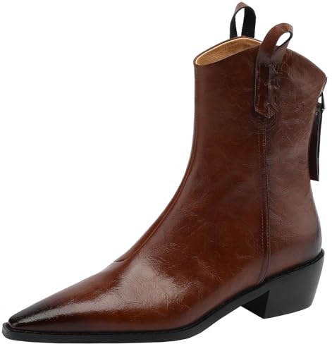 CUTEHEELS Stivaletti invernali da donna in vera pelle con punta a punta e tacco grosso/stivali da cowboy occidentali con chiusura lampo posteriore, marrone, 39 EU