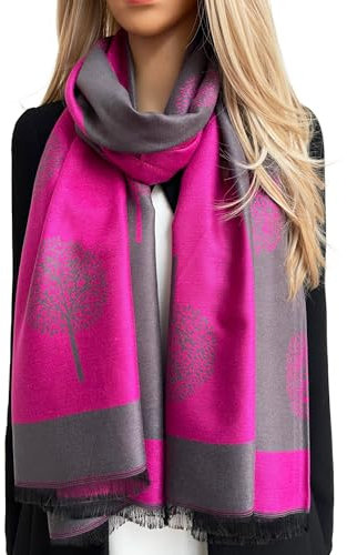 Cashmere Tree Life BlanketScarf - Reversible Pashmina Shawl, Winter Warm Scarf, Large Wrap, Tree of Life Print Ladies Scarves (Grey / Fuchsia)