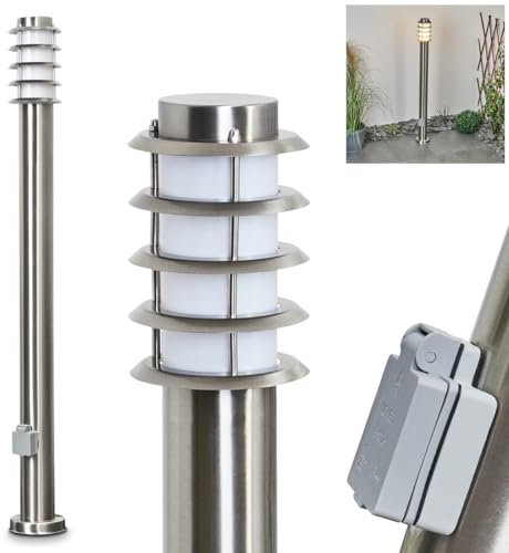 Außenwegeleuchte Tunes mit Bewegungsmelder, moderne Sockelleuchte aus Metall/Kunststoff in Nickel-Matt /Weiß, Steckdose, Wegeleuchte 110 cm, Gartenlampe, E27, Gartenbeleuchtung IP44, ohne Leuchtmittel