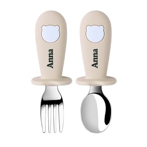 TYRY.HU Cucchiai e Forchette Posate con Nome Personalizzata Posate in Acciaio Inossidabile Silicone per Bambini e Neonati con Design Antisoffocamento