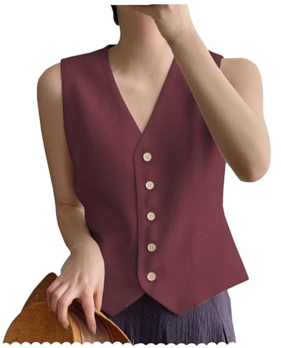AeoTeokey Damen Leinenweste Anzug Weste V-Ausschnitt Einreihig Elegant Weste Business Outfits Top (Burgundisch,M)