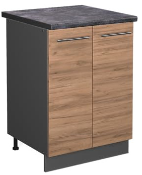 Vicco Küchenunterschrank Fame-Line, Goldkraft Eiche, 60 cm | 2 Türen · AP Anthrazit inkl. · Höhenverstellbare Füße · Metallgriffe · Soft-Close