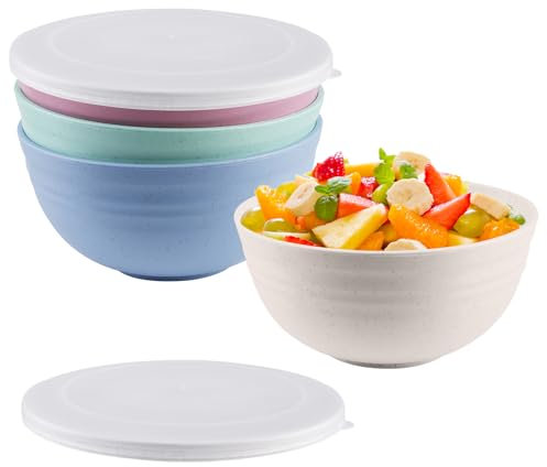 WEGREAT Cuenco con tapa: juego de 4 cuencos de cereales, cuencos de plástico grandes, ensaladeras, sin BPA, irrompibles, tapa transparente, 15,7 x 7,3 cm, apto para cereales, ensaladas, sopa, cuatro