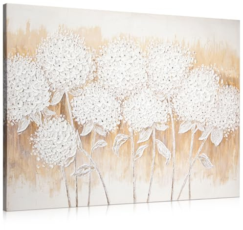 Hollyone Arte de pared con flores de hortensias, lienzo grande, pintura al óleo pintada a mano, cuadros florales blancos estéticos, obras de arte botánicas para sala de estar, dormitorio, decoración