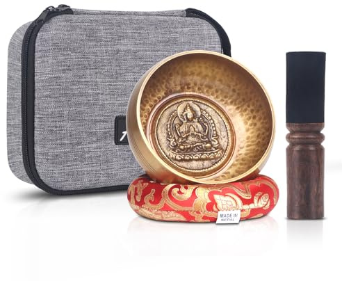 Kmise Tibetisches Klangschalen-Set, handgefertigt in Nepal, Meditation, Klangschalen für Yoga, Meditation, Achtsamkeit, Heilung und Chakra-Balancing, Stressabbau (1,5 m, Buddha)