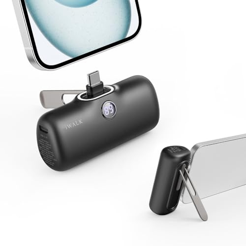 iWALK Powerbank USB-C 5000mAh, 20W Schnellladung Tragbares Power Bank mit Ständer, Klein Externer Akku，LCD Display，Kompatibel mit iPhone 17/16/15 17 Pro Max, Samsung,Schwarz