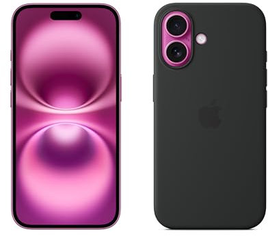 Apple iPhone 16 128GB: 5G Mobile phone with Apple Intelligence - Pink + Silicone Case with MagSafe - Black