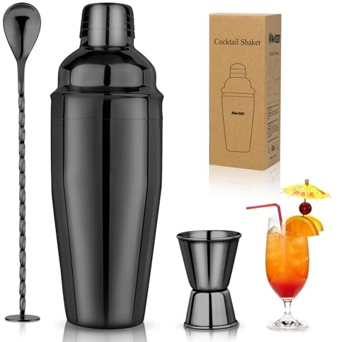 24oz Cocktail Shaker Set Martini Shaker Set Bartender Set with Margarita Mixer Drink Shaker, Measuring Jigger and Mixing Spoon - Professional 18/8 Stainless Steel Bar Tools for Mixed Drinks (Black)