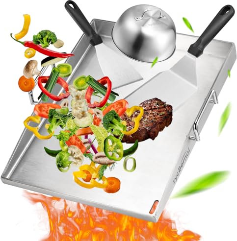 zycBernoi Premium Plancha Grillplatte Set - 40 x 30 cm - Grillplatte für BBQ Gasgrill & Kohlegrill - 4mm Dicke Plancha Gasgrill - Edelstahl mit 2 Burgerglocke & Grillspachtel Set