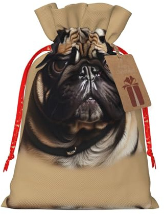 HJLUUFT Jutebeutel mit Mops-Motiv, Weihnachtsgeschenktasche mit Kordelzug und Geschenkanhänger, Hochzeit, Weihnachten, Partygeschenk