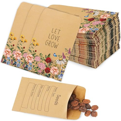 FYSUIMU 100 x Wildblumensamen-Pakete Let Love Grow, selbstklebende Kraftpapier-Umschläge, rustikale Aufbewahrungstaschen für Garten, Büro, Party, Gastgeschenke, 8,9 x 6,1 cm