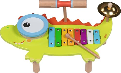 goki 61854 - Musikstation Krokodil aus Holz und Metall, Bunte Instrumente wie Xylophone und Becken, fördert musikalisches Interesse und auditive Wahrnehmung, 41cm x 25cm x 12cm, ab 3 Jahre