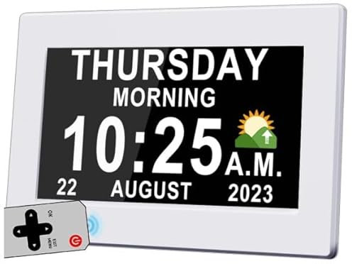 Omana Reloj de demencia con pantalla de 7 días y fecha con marco de fotos HD, DST automático, más de 15 alarmas personalizadas, con control remoto