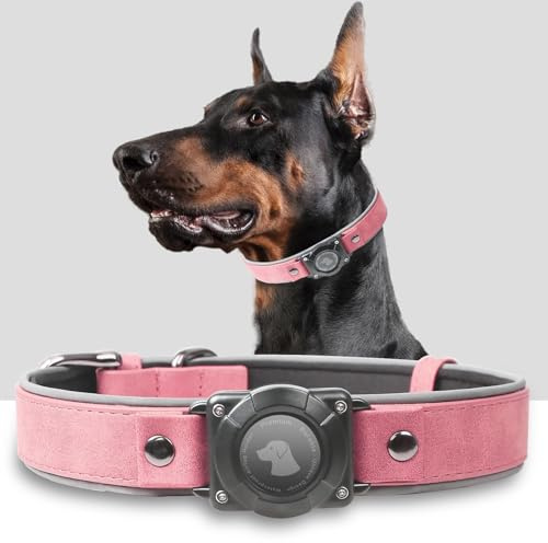 AirTag Hundehalsband, Leder Hundehalsband mit Air Tag Halter,IPX8 wasserdicht, reflektierend,einstellbar weich gepolstert (Rosa, L)