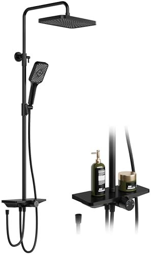 Rain Shower, Without Taps, with Shelf, Shower System with Stainless Steel Shower Head, Adjustable Shower Column, Square Shower Head, 25 x 25 cm, Black