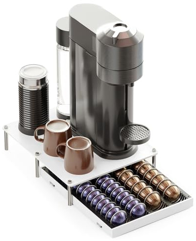 SpaceAid Tiroir de rangement en bambou pour dosettes de café compatible avec capsules Nespresso Vertuo, plateau de rangement compatible avec 40 grandes ou 56 petites dosettes, blanc