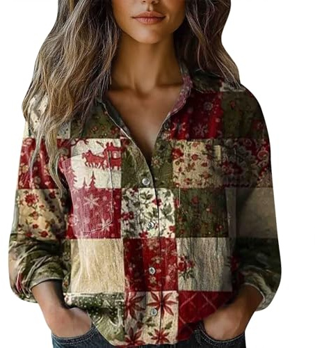 riou Camisetas de Manga Larga para Mujer Algodón y Lino con Botón Cuello en V Moda Camisa Informal Transpirable Casual Blusa Shirts Slim Fit Sexy Otoño Primavera tee