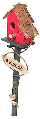 Toyvian Wooden Bird House Patio Stake Decor with Rattan Accents Lightweight Garden Bird Nest Outdoor Yard Decoration in Garden Settings Random Color