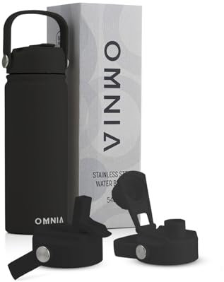 OMNIA Vacuum Insulated Stainless Steel Water Bottle, 2 Lids (Straw & Spout) Leakproof, BPA-Free, Reusable Flask, Hot & Cold Thermos for Sports, Gym, Travel, Outdoors (Black, 540ML)